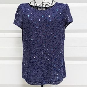Loft Navy sequin short sleeve blouse S